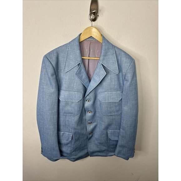 Vintage 70s Men 46 Sky Blue Safari Disco Blazer Sports Coat